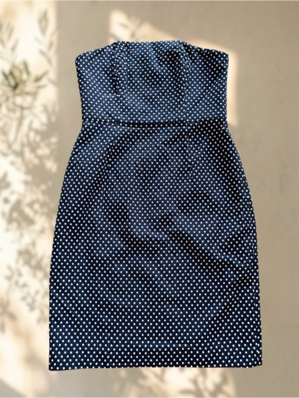 Blue & White, Strapless, Polka Dot Dress by Suzi Chin for Maggy Boutique.